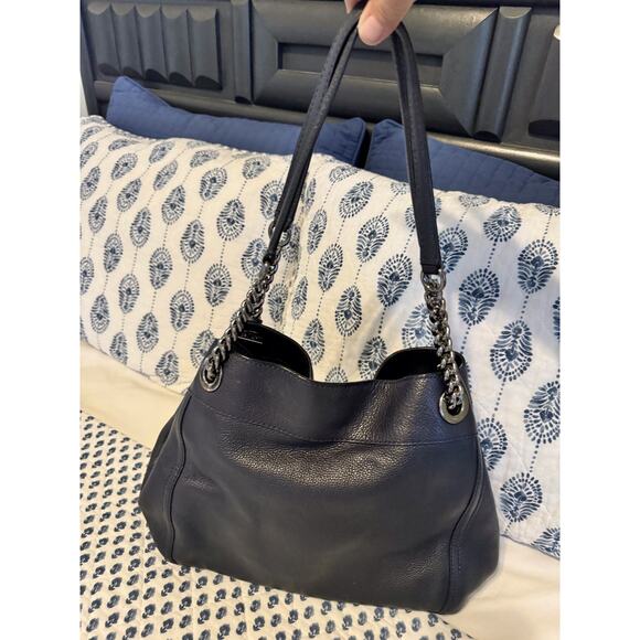 Coach Turnlock Edie Shoulder Bag Dark Blue Pebbled Leather Pewter - Picture 4 of 10